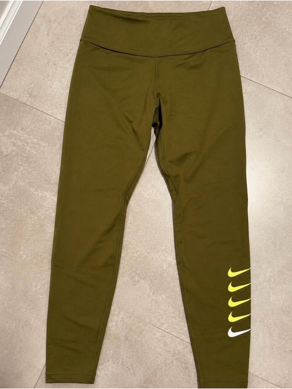 Nike Olive Green Kids Leggings with Neon Yellow Swoosh Stack